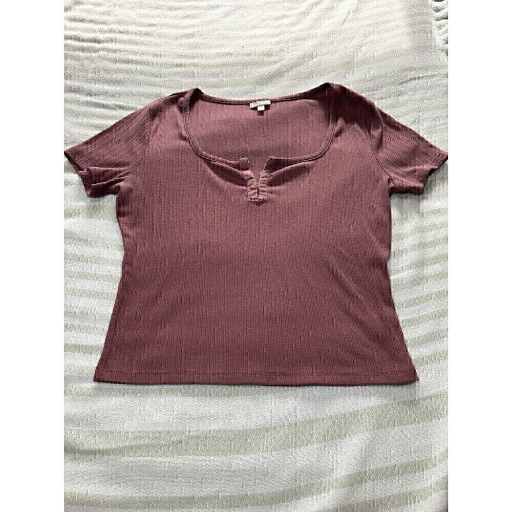 Selfie Scoop Short Sleeve Hook & Eye Rib-Knit Crop Top Juniors Medium Pink Mauve